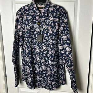 AKA SLIM FIT BLUE LONG SLEEVE SHIRT WITH  FLORAL PINK DESIGN . 100 cotton